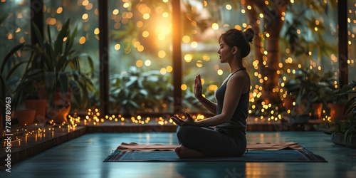 girl doing yoga by candlelight in the house photo