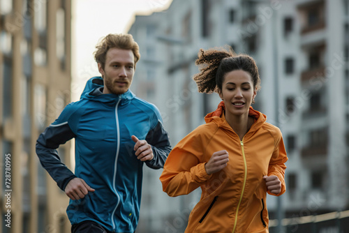 healthy lifestyle, couple running outdoors in city street photo