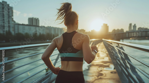 Girl jogging, city embankment photo