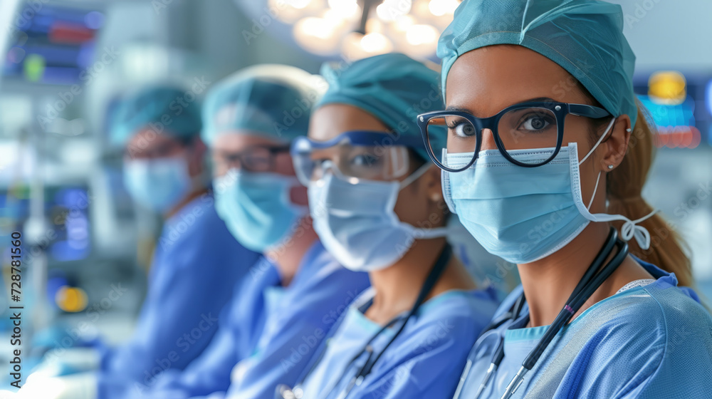 surgical team in scrubs and masks, prepared and focused in the operating theatre. Surgical Team Ready for Operation surgical team in scrubs and masks, prepared and focused in the operating theatre. Surgical Team Ready for Operation