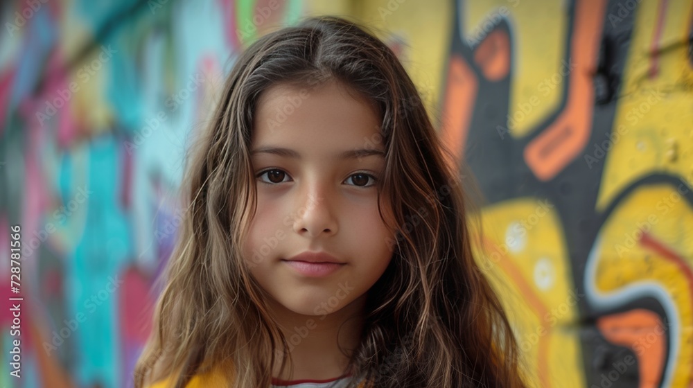 Portrait of a beautiful little girl on the background of graffiti. A captivating close-up of a Colombian girl with golden-brown waves, framed by the vibrant graffiti-covered walls of Bogota La Candela