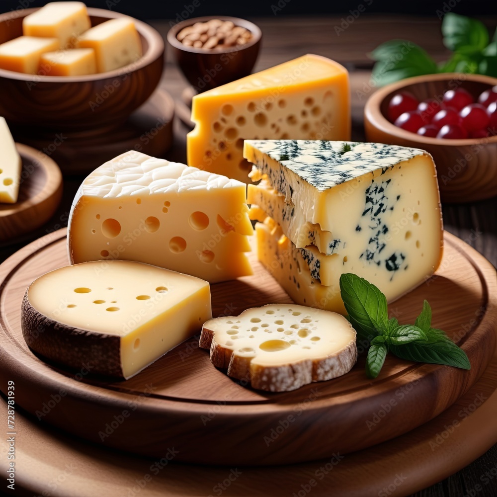Wooden plate with assorted cheeses. Illustration by Generative AI.