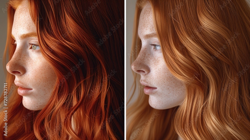 Obraz premium Red hair's dramatic transformation: from natural, unbrushed texture to a vibrant, smooth, and refined appearance in a striking before and after showcase
