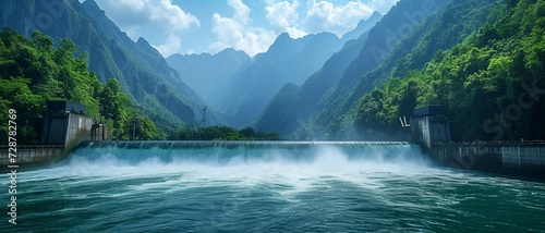 the flow of hydroelectric energy, with powerful water turbines in a river generating electricity, surrounded by lush greenery and mountains.