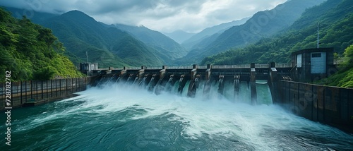 the flow of hydroelectric energy, with powerful water turbines in a river generating electricity, surrounded by lush greenery and mountains. photo