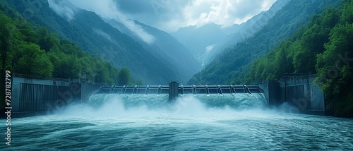 the flow of hydroelectric energy, with powerful water turbines in a river generating electricity, surrounded by lush greenery and mountains.