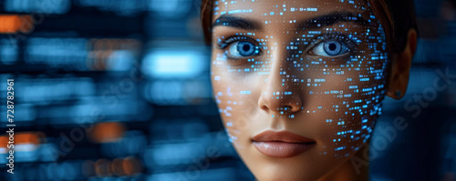 Futuristic woman looking at camera with binary code on her face