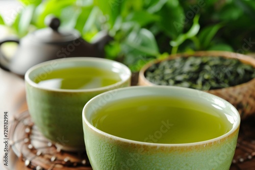 A beautiful teapot, filled with fresh green tea, sits against a natural background.