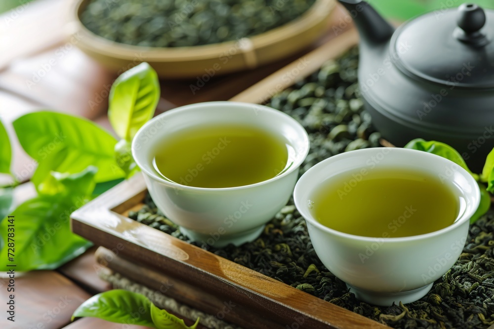 A background of green tea leaves sets the scene for a beautiful tea ceremony. A background of green tea leaves sets the scene for a beautiful tea ceremony.