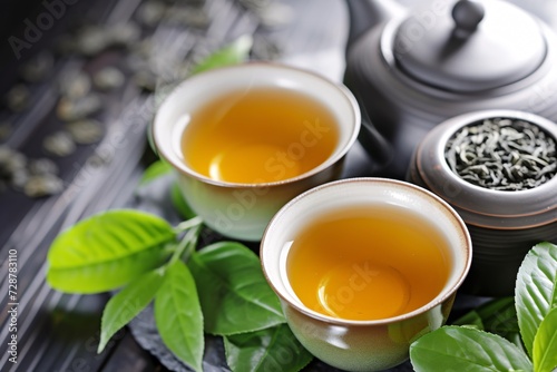 Freshly brewed green tea sits in a cup, offering a wonderful relaxation.