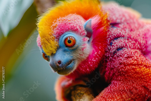 a primate painted with colored paints. A colorful fantasy animals. Beautiful extreme close-up. exotic nature background and texture. Concept of natural splendor. bright animal
