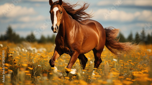 Bay horse running on a meadow.