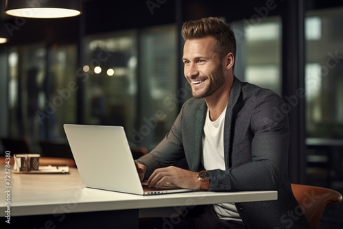 Handsome Businessman Working Late on Laptop. A handsome businessman with a warm smile works on his laptop, staying at the office.