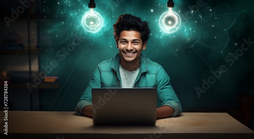 Creative Professional with Laptop and Futuristic Graphics. A creative young professional works on a laptop with futuristic digital graphics floating above his desk. photo