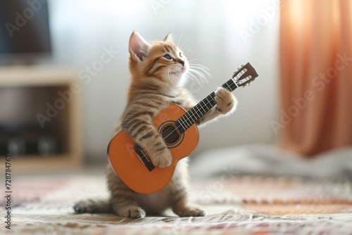 Playful kitten holding mini guitar, ready to strum its strings. Kitten with a toy guitar photo