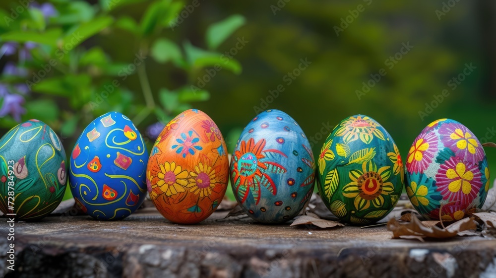 A beautiful arrangement of painted Easter eggs among lush grass and blooming flowers creates a festive and joyful Easter tableau. A beautiful arrangement of painted Easter eggs among lush grass and blooming flowers creates a festive and joyful Easter tableau.
