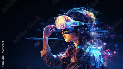 Fashionable Woman in Colorful Virtual Reality Gear Exploring Digital Art in Cyberspace