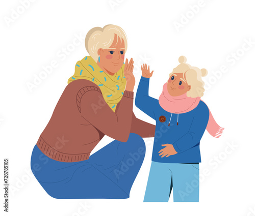 Mother with daughter concept. Woman with young girl. Care about child. Love for kid. Graphic element for website. Cartoon flat vector illustration isolated on white background