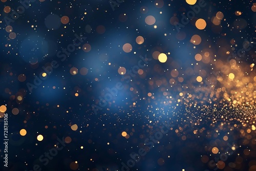 Elegant abstract design with navy blue and shimmering gold particles. festive bokeh lights on dark background Sophisticated holiday concept