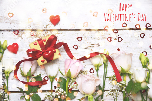Happy Valentine's Day greeting card - Bouquet of roses with gift box and hearts - Valentine greeting card
