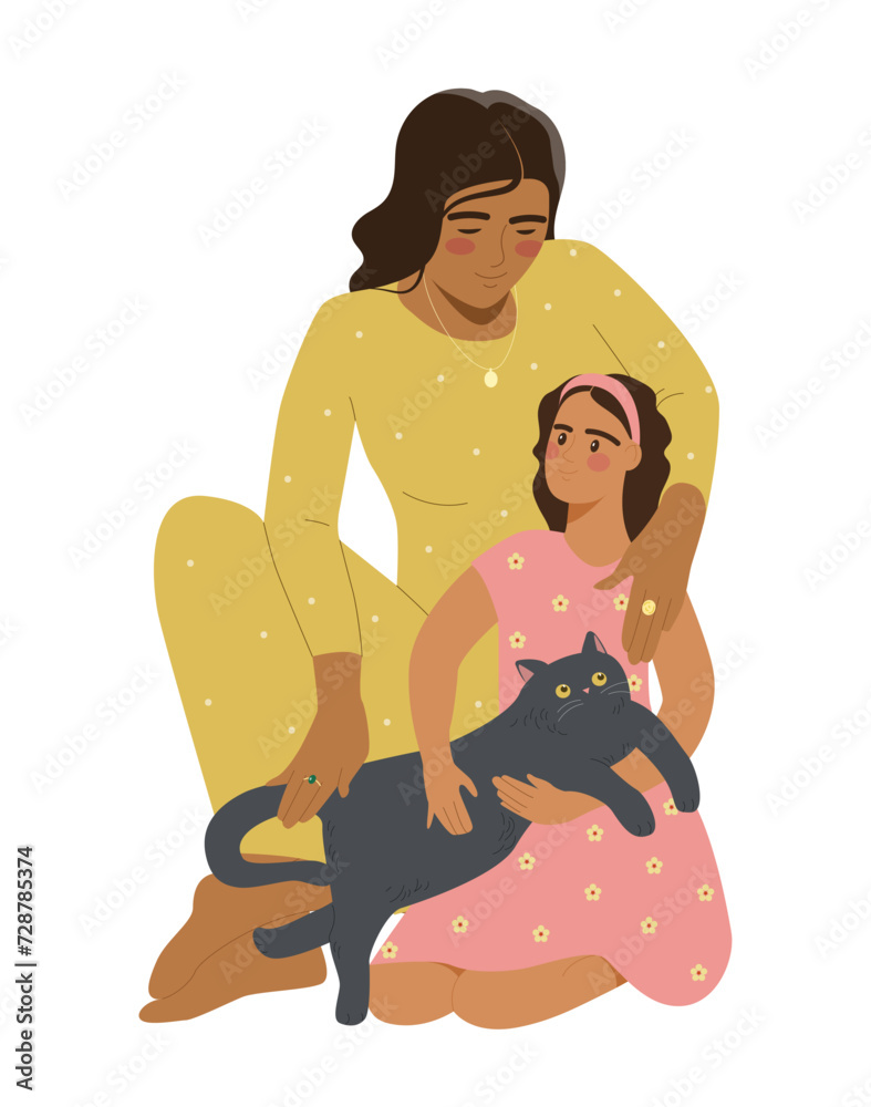 Mother with daughter concept. Woman with young girl and cat. Care about child. Love for kid. Mothers day greeting postcard. Cartoon flat vector illustration isolated on white background Mother with daughter concept. Woman with young girl and cat. Care about child. Love for kid. Mothers day greeting postcard. Cartoon flat vector illustration isolated on white background