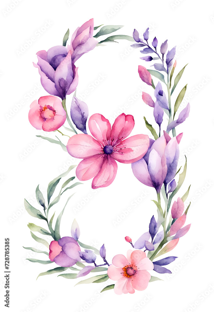 Number eight shape frame with spring purple pink flowers, March 8, isolated png