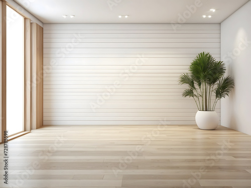 Empty room interior space with a wooden floor and white walls design.