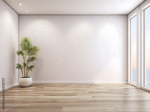 Empty room interior space with a wooden floor and white walls design. © Mahmud