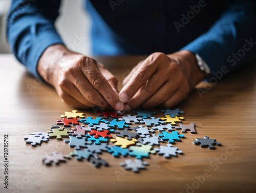 A person diligently connecting puzzle pieces together to solve a complex problem or situation.