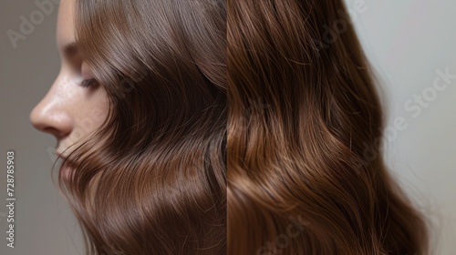 From tousled to polished: a side-by-side comparison of brunette hair, highlighting the stark contrast between natural texture and professional styling