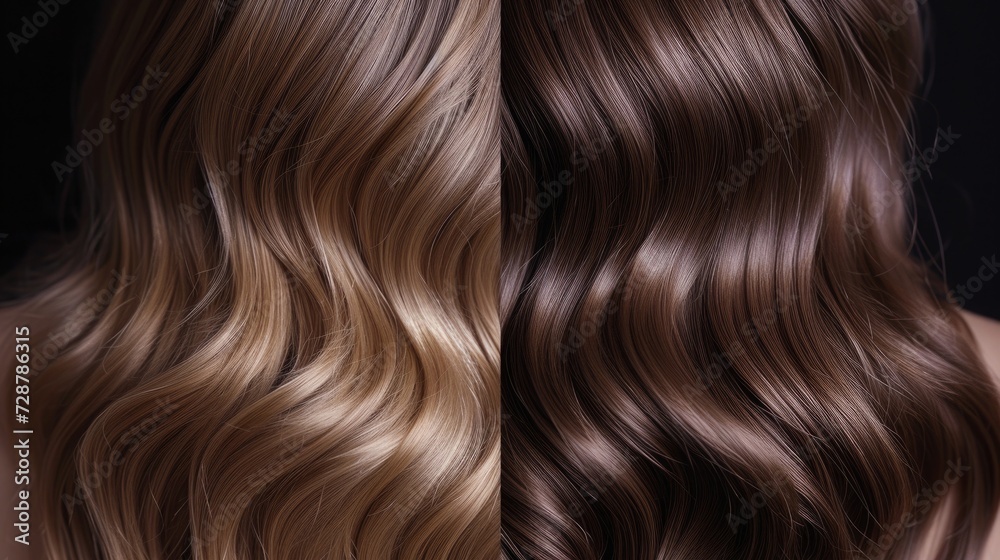Fototapeta premium From tousled to polished: a side-by-side comparison of brunette hair, highlighting the stark contrast between natural texture and professional styling