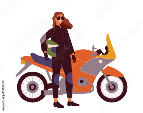 Person motorcyclist concept. Female biker in protective helmet. Travels and tourism. Template and layout. Active lifestyle and leisure. Cartoon flat vector illustration isolated on white background