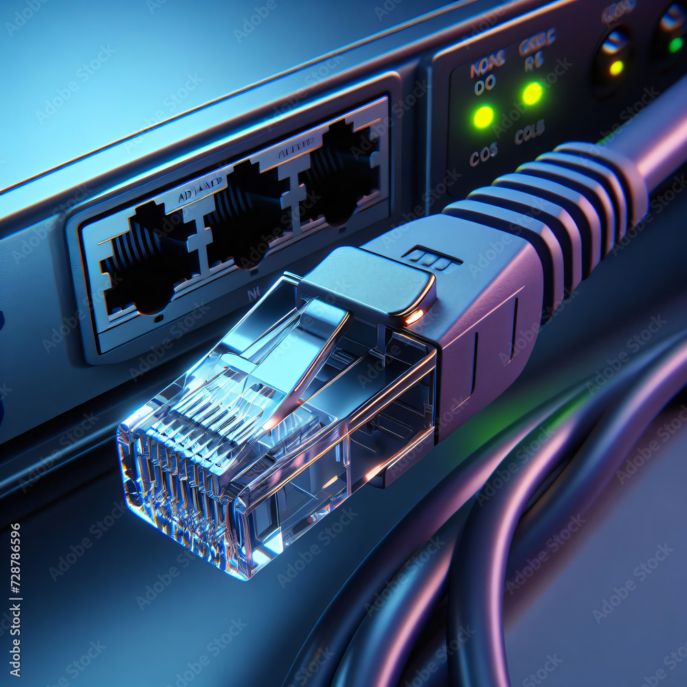 Modern cat 6 ethernet connector plug with advanced router system, with purple sheath