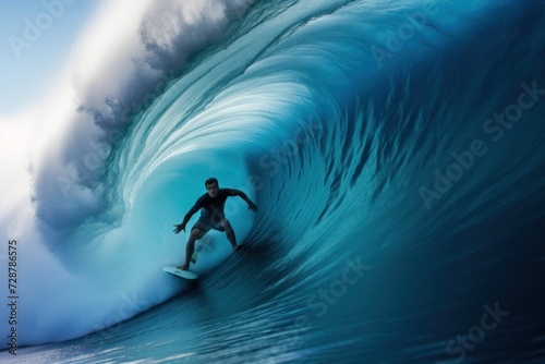 Surfer in the ocean with a surfboard. Surfer in ocean wave. Surfer on blue ocean wave. Sport concept. Vacation and Travel Concept with Copy Space. Surfer on blue ocean wave.  © John Martin