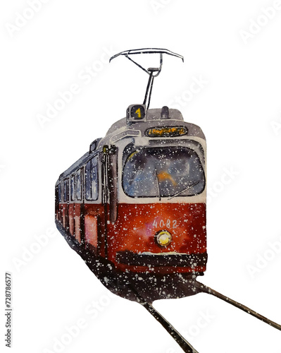 Hand-drawn watercolor illustration of a red tram running on rails, isolated on a white background.