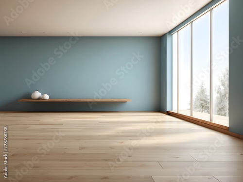 Eempty room with a wooden floor design. Empty room interior with arch entrance. Modern 3d living room  office or gallery with wooden floor  shadows and sunlight from window-on-wall design.