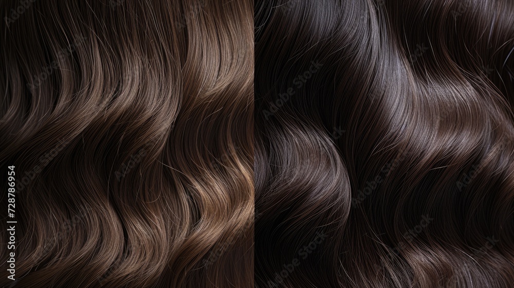 Naklejka premium From tousled to polished: a side-by-side comparison of brunette hair, highlighting the stark contrast between natural texture and professional styling