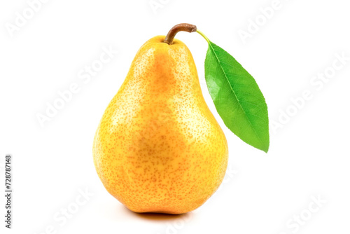 a ripe pear adorned with glistening water droplets on a pristine white background.