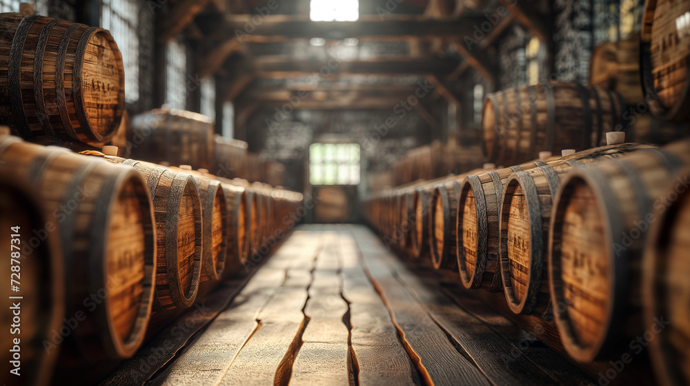 Row of Wooden Barrels in a Warehouse Row of Wooden Barrels in a Warehouse