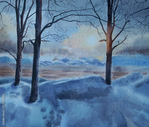 Hand-drawn watercolor. The view from the window during the trip. Landscape painting with a snowy field, forest, sunlight and sky at sunset or sunrise for illustration,