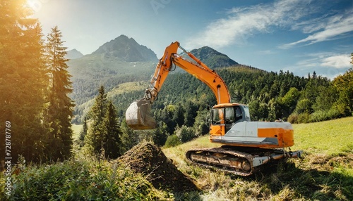 An orange excavator working in the nature beautiful sunny, industry technology photo
