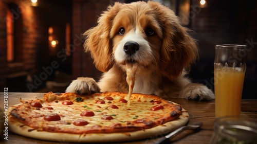 cute, fluffy dog, puppy eating pizza. pet and fast food. delicious Italian pastries. pizza day.