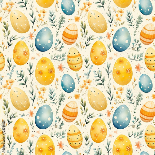 cute watercolor vivid easter eggs on yellow background. seamless pattern. tile