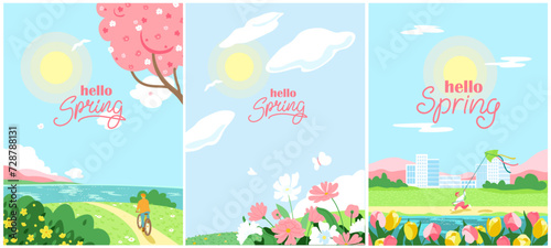 Set of spring landscapes. Sea shore, city park, lake, field with green grass and flowers. Warm sunny day. Happy weekend rest, leisure time. Eco, healthy vibes concept.
