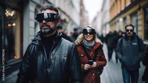 City streets become a digital playground as people, lost in virtual reality, wander with VR goggles, disconnected from the physical world.