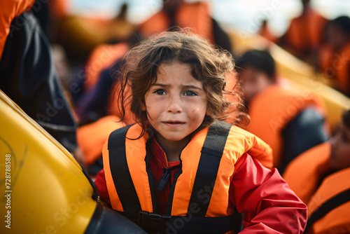 Sad refugee girl child with orange life jacket on migrant boat