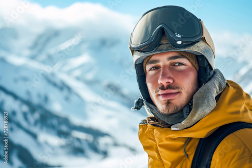 Portrait of a man in a snowboard helmet and goggles in the winter mountains © MVProductions
