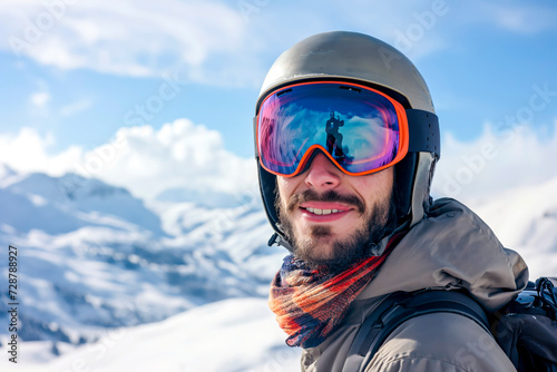 Portrait of a man in a snowboard helmet and goggles in the winter mountains © MVProductions
