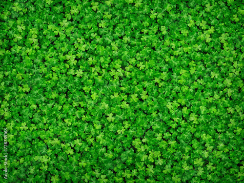 Green Saint Patrick’s Day background with clovers and shamrock, Saint Patrick’s Day template, web design, pattern, model