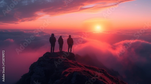 A small group of hikers reach the peak of a mist-covered mountain at dawn against the backdrop of a breathtaking panorama.